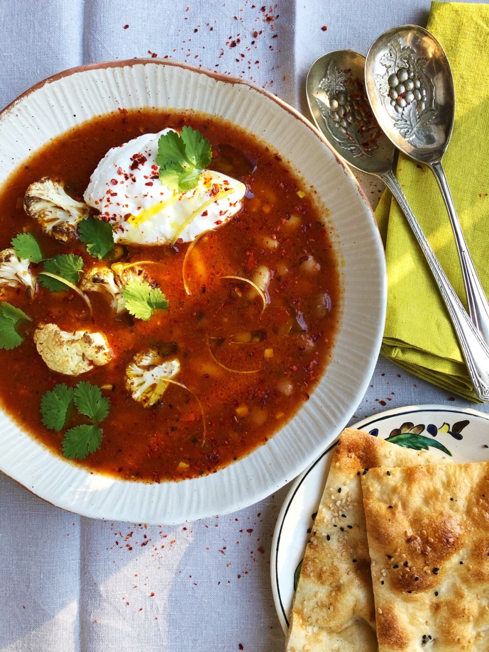 Hawaij Spiced Cannellini and Borlotti Bean Soup wth Spinach and Greek Yoghurt